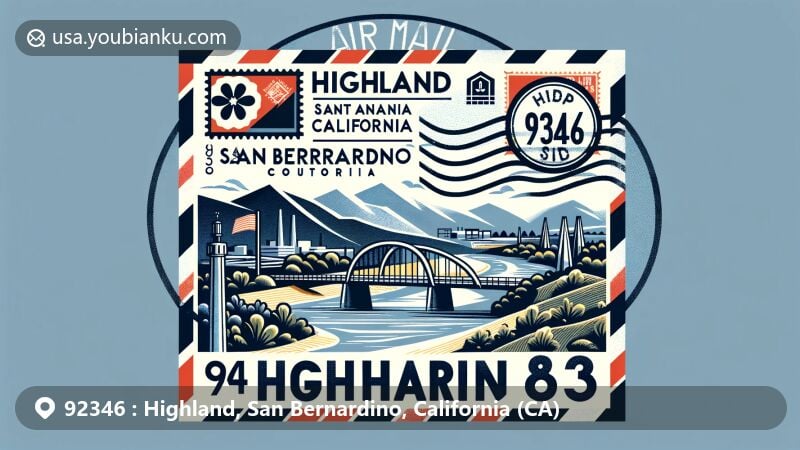 Modern illustration of Highland, San Bernardino County, California, with a postal theme representing ZIP code 92346, featuring Santa Ana River Bridge, Highland flag, San Bernardino County outline, and postal elements.