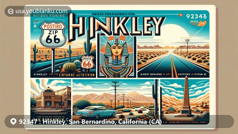 Modern illustration of Hinkley, California, highlighting desert landscape, Route 66 sign, and Robert and Frances Fullerton Museum of Art, with a nod to San Bernardino National Forest.