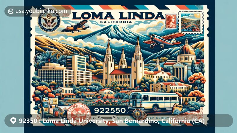 Wide-format illustration of Loma Linda University, 92350 ZIP code area in San Bernardino County, California, blending medical education, Seventh-day Adventist history, and natural beauty.