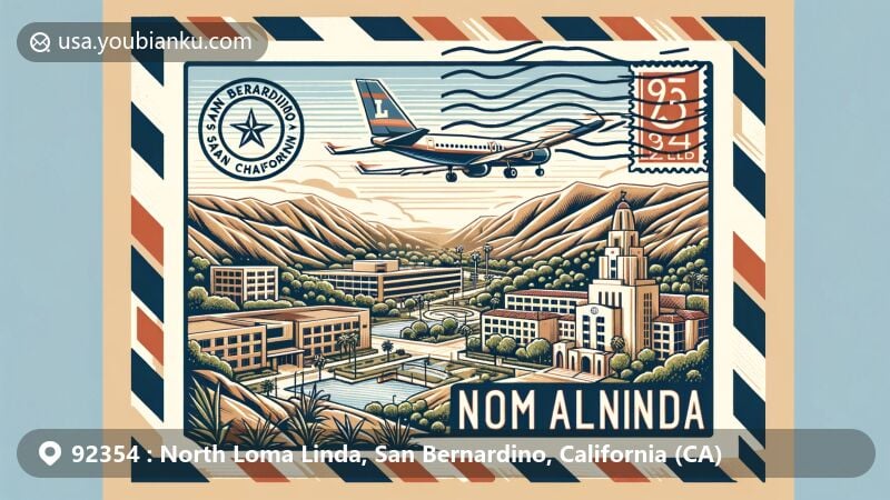 Modern wide-format illustration of North Loma Linda, San Bernardino County, California, incorporating Loma Linda University Medical Center, South Hills scenery, aviation motif, and Seventh-day Adventist Church.