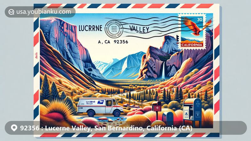 Modern illustration of Lucerne Valley, California, with Chimney Rock and Blackhawk Landslide against Granite, Ord, and San Bernardino Mountains, presented in an airmail envelope with California state flag stamp and postmark.