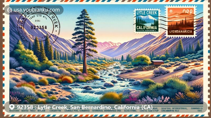 Modern illustration of Lytle Creek, San Bernardino, California, highlighting natural beauty of San Bernardino National Forest, featuring chaparral-covered hillsides, streams, coastal sage scrub, and diverse wildlife.