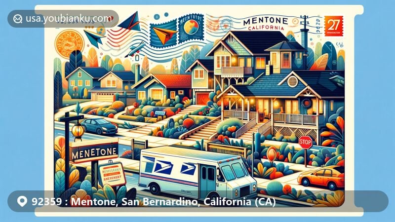 Modern illustration of Mentone, San Bernardino, California, highlighting postal theme with ZIP code 92359, featuring air mail envelope, stamps, and a postal truck representing regional characteristics. Symbols include a suburban house, a family depiction, and lush greenery reflecting residential character.