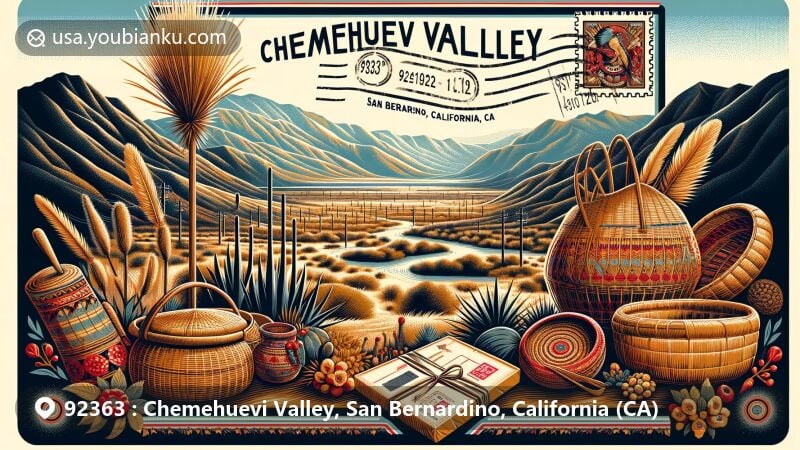 Modern illustration of Chemehuevi Valley, San Bernardino County, California, portraying Chemehuevi Indian culture with woven baskets and desert landscape, featuring postal elements like vintage postcard and red mailbox.