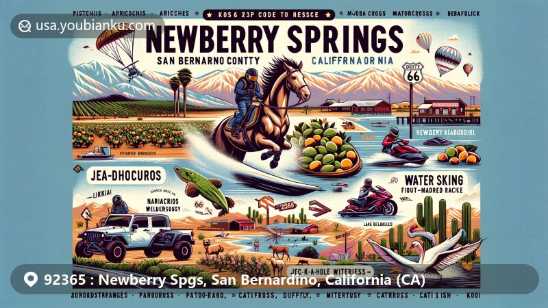 Modern illustration of Newberry Springs, San Bernardino County, California, highlighting agricultural elements like pistachios, apricots, alfalfa, and a variety of farms and ranches. It showcases recreational activities like water skiing, jetski racing, motocross, and paraflying, along with attractions such as Calico Ghost Town, Bagdad Café, Newberry Mountains Wilderness Area, and Lake Dolores/Rock-A-Hoola Waterpark. Route 66 sign and Mojave Desert environment elements are included, capturing the essence of the area.