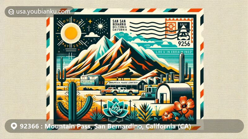 Modern illustration of Mountain Pass, San Bernardino County, California, featuring the Mountain Pass Rare Earth Mine, the only operational rare-earth element mine in the United States. The artwork includes desert landscape, native plants, and mountainous terrain, with a vintage air mail envelope displaying ZIP code 92366 and a custom postage stamp.