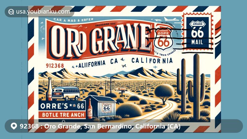 Vintage illustration of Oro Grande, California, ZIP code 92368, capturing Mojave Desert landscape with Route 66, Elmer's Bottle Tree Ranch, and Oro Grande Cemetery, featuring retro air mail envelope with California state flag and Golden Bear stamp.