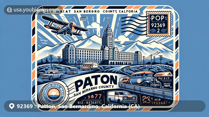 Modern illustration of the Patton area in San Bernardino County, California, featuring Patton State Hospital and elements of San Bernardino County landmarks like the Rim of the World Highway.