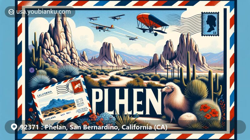 Modern illustration of Phelan, California, with postal theme highlighting Mormon Rocks in the Mojave Desert, native wildlife, and flora.