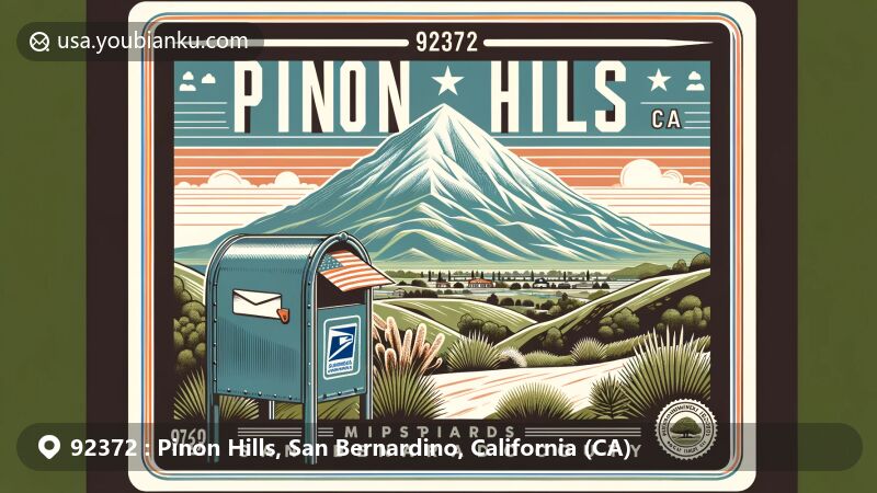 Modern illustration of Pinon Hills, San Bernardino County, California, featuring Mount Baden-Powell and postal elements with ZIP code 92372, showcasing typical American mailbox with mail and postmark, adorned with California flag and county symbols.