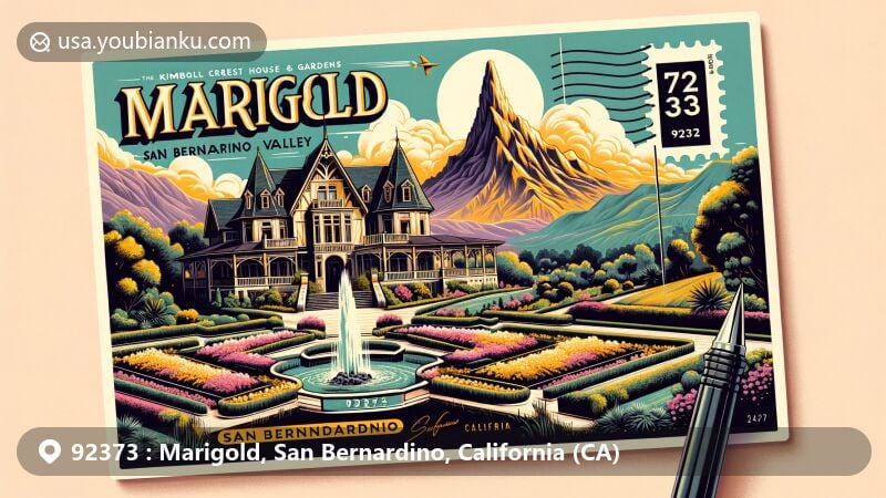 Modern illustration of Marigold, San Bernardino County, California, highlighting Kimberly Crest House & Gardens and Arrowhead landmark, integrating historical and natural elements with ZIP code 92373 and California state flag.