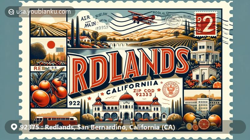 Modern illustration of Redlands, California, showcasing postal theme with ZIP code 92375, featuring Kimberly Crest House & Gardens, Redlands Bowl, citrus fruits, California and Redlands flags, capturing city's essence of gentle hills, lush gardens, and historic buildings.