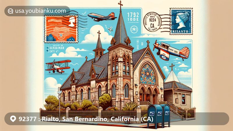 Modern illustration of Kristina Dana Hendrickson Cultural Center, Rialto, San Bernardino County, California, with ZIP code 92377, showcasing historic church's Late Gothic Revival and American Craftsman styles, integrated with postal elements like vintage airmail envelope, postage stamp, postmark, and mailbox.