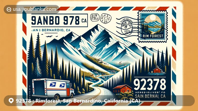 Modern illustration of Rimforest, San Bernardino, California, featuring a creatively designed airmail envelope with ZIP code 92378, showcasing San Bernardino Mountains, pine trees, and Rim of the World Highway.