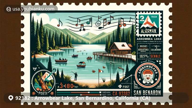 Modern illustration of Arrowbear Lake, San Bernardino, California, with a creative postcard design highlighting the area's natural beauty and musical culture, set within a postal theme.