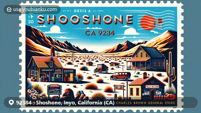 Modern illustration of Shoshone, Inyo, California (CA), capturing desert landscape and cultural landmarks like Dublin Gulch miner caves, Shoshone Museum, and Charles Brown General Store.