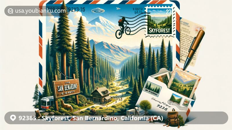 Modern illustration of Skyforest, San Bernardino County, California, blending natural landscape with nostalgic postal elements, featuring lush mountain scenery, ancient tree species, and diverse wildlife.