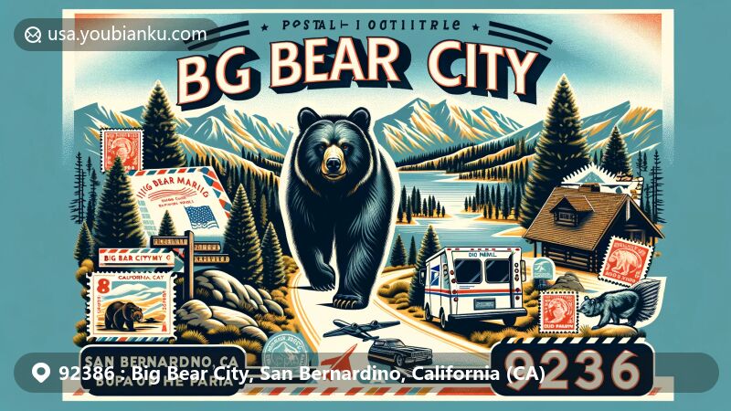 Modern illustration of Big Bear City, California, showcasing postal theme with ZIP code 92386, featuring San Bernardino Mountains, Big Bear Lake, black bears, Serrano Indian cultural elements, vintage air mail envelope, stamps, and postmark.