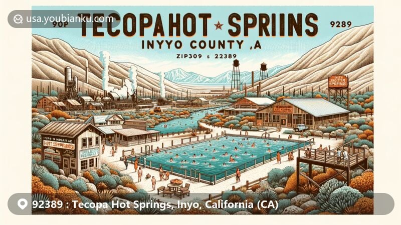 Modern illustration of Tecopa Hot Springs, Inyo County, California, featuring natural beauty, desert landscape, and historical significance, depicting famous hot springs, rugged Mojave Desert terrain, and local history.