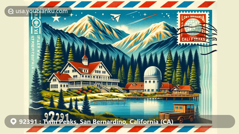 Modern illustration of Twin Peaks, California, showcasing serene scenery with Antlers Inn, Robert Brownlee Observatory, and Lake Gregory. Design features classic air mail elements and California state flag.