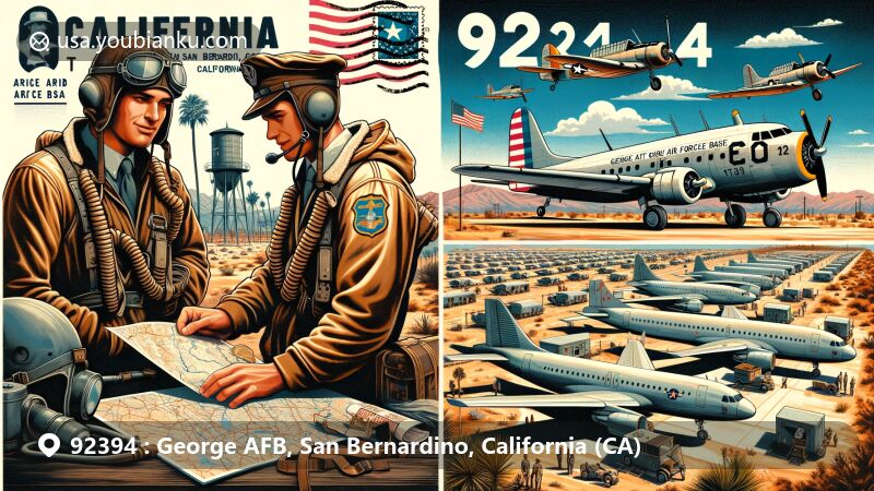 Modern illustration of George AFB area, ZIP code 92394, San Bernardino, California, showing historical significance as a World War II pilot training center with Curtiss AT-9, T-6 Texan, and AT-17 aircraft, pilots in period uniforms, transitioning to present-day Southern California Logistics Airport with stored commercial aircraft and desert landscape, featuring California state symbols and postal elements.