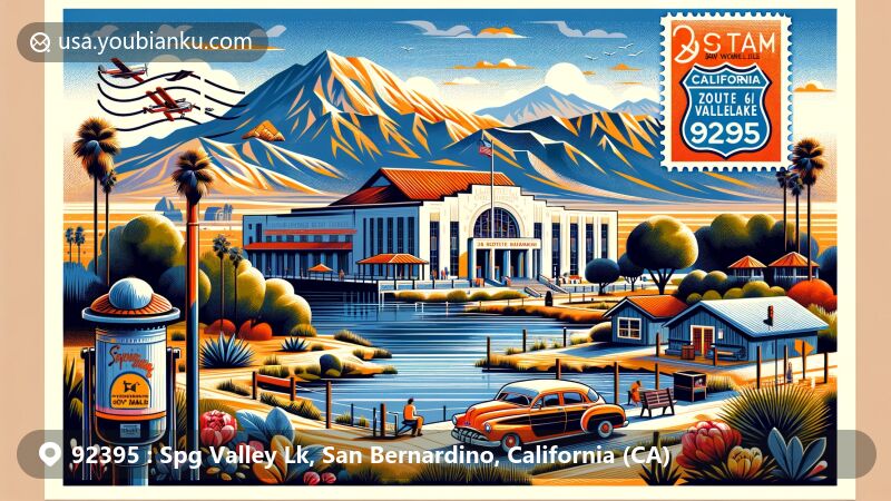 Modern illustration of Spring Valley Lake, San Bernardino County, California, highlighting the California Route 66 Museum, Mojave Narrows Regional Park, and San Bernardino mountains.