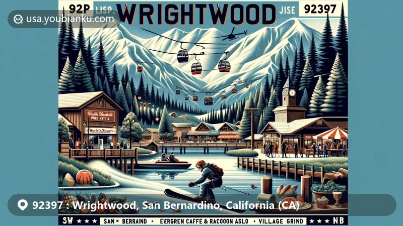 Modern illustration of Wrightwood, San Bernardino County, California, highlighting ZIP code 92397, featuring San Gabriel Mountains, Pacific Crest ziplining, Mountain High Resort, Jackson Lake, Evergreen Cafe & Racoon Salon, Village Grind, and Wrightwood Certified Farmers Market. The artwork showcases the mountainous terrain, lush forests, and diverse activities defining this unique area.