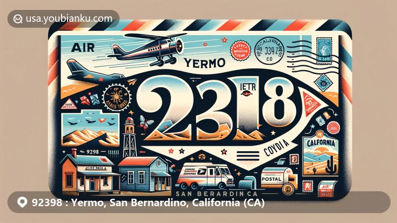 Modern illustration of Yermo, San Bernardino, California (CA), featuring a postal theme with ZIP code 92398, showcasing Calico Ghost Town and reflecting its rich mining history.