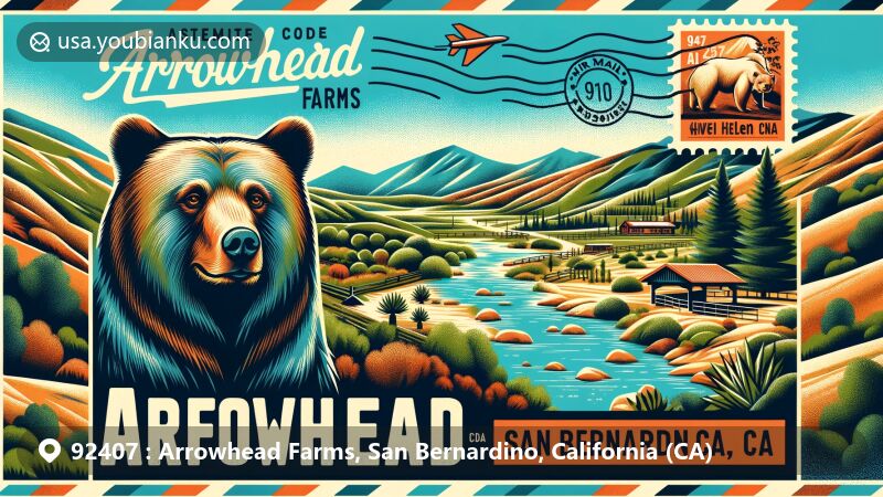 Modern illustration of Arrowhead Farms, San Bernardino, California, inspired by the ZIP Code 92407 area. Features vibrant depiction of Glen Helen Regional Park with hiking trails and the Glen Helen Amphitheater against the backdrop of the San Bernardino Mountains and includes postal elements like vintage postage stamp with California grizzly bear.
