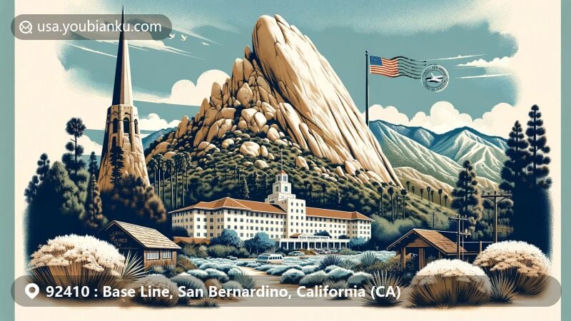 Modern illustration showcasing ZIP code 92410 in San Bernardino, California, featuring natural Arrowhead landmark, Arrowhead Springs Hotel, and vintage postal elements.