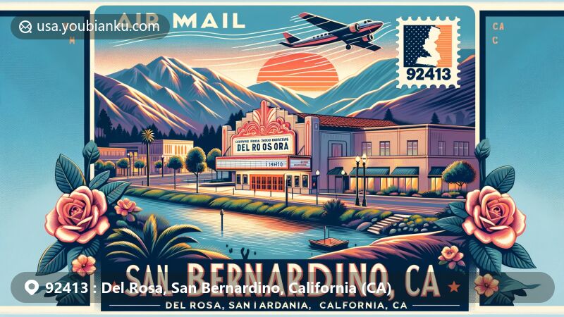 Modern illustration of Del Rosa, San Bernardino, California, highlighting postal theme with ZIP code 92413, showcasing cultural landmarks including California Theatre and San Bernardino Mountains.