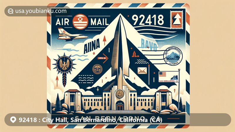 Modern illustration of San Bernardino, California, highlighting iconic Arrowhead landmark, state flag symbols, and City Hall, with postal theme showcasing ZIP code 92418.