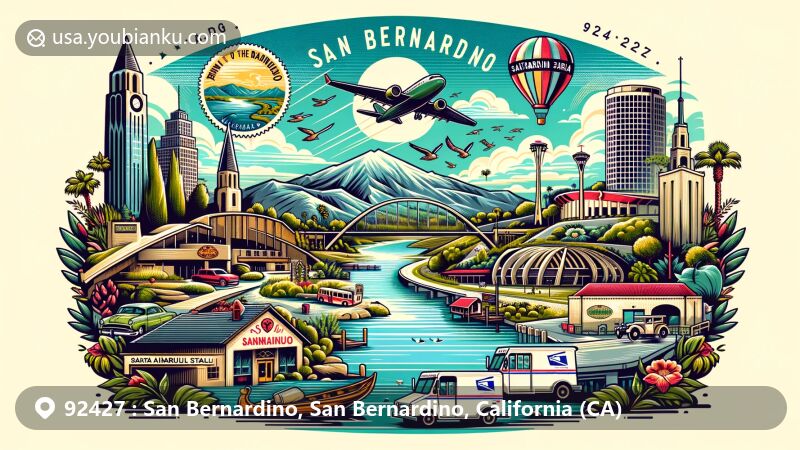 Modern illustration of San Bernardino, California, featuring postal theme with ZIP code 92427, showcasing Rim of the World Highway, San Manuel Stadium, Santa Ana River Trail, and Lake Arrowhead.