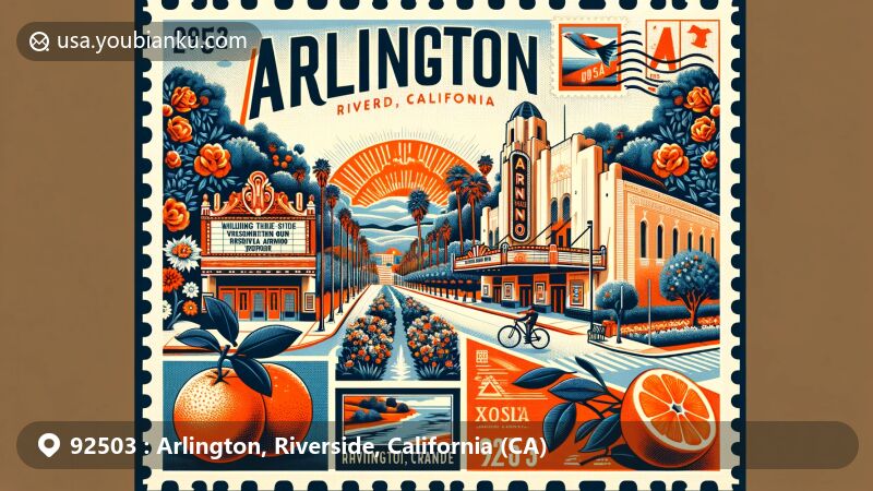 Modern illustration of Arlington, Riverside, California, highlighting postal theme with ZIP code 92503, featuring Fox Theater and Victoria Avenue's lush flora.