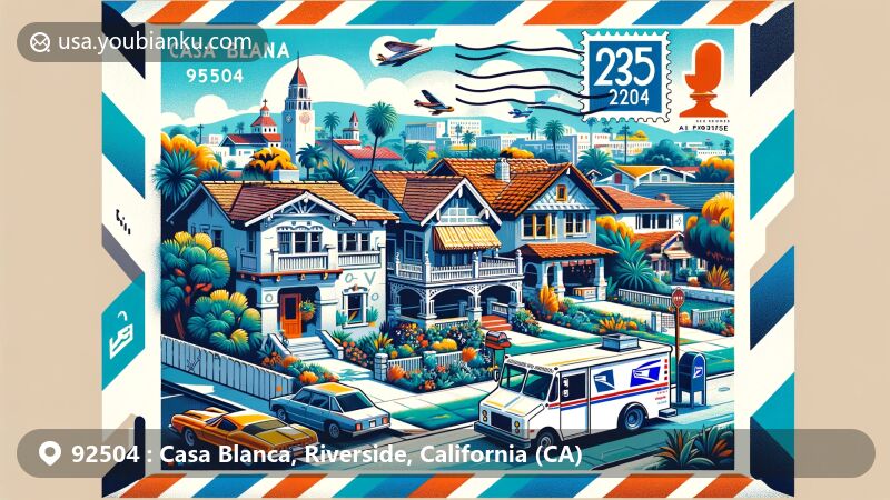 现代插图描绘了加利福尼亚州里弗赛德的Casa Blanca社区，展示了与邮政编码92504相关的主题，包括美丽的景点和当地文化元素。