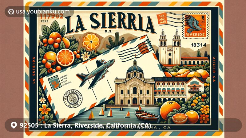 Creative depiction of La Sierra, Riverside, California, ZIP code 92505, merging regional and postal themes with iconic landmarks like Mission Inn and California citrus symbols.
