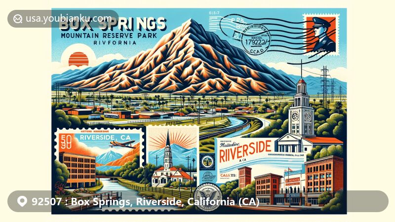 Modern illustration of Box Springs, Riverside, California (CA), showcasing iconic landmarks like Box Springs Mountain Reserve Park, Mount Rubidoux Park, March Field Air Museum, and Mission Inn Hotel & Spa.