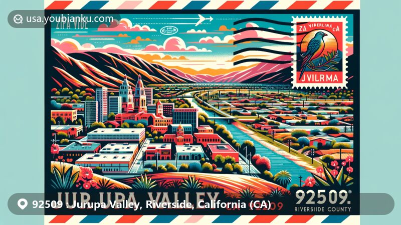 Modern illustration of Jurupa Valley, Riverside County, California, highlighting postal theme with ZIP code 92509, featuring cityscape and natural beauty. Includes Rancho Jurupa elements, Gabrielino and Serrano Native American tribe symbols, Mediterranean climate vegetation, and California state flag stamp.