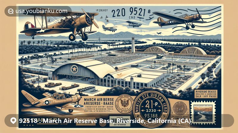 Modern illustration of March Air Reserve Base, Riverside, California, highlighting the 452nd Air Mobility Wing and historic Curtiss JN-4 'Jenny' planes, featuring Riverside National Cemetery, modern military aircraft, and postal theme with ZIP code 92518.
