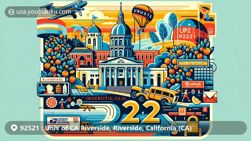 Illustration of Riverside, California, showcasing University of California, Riverside (UCR) campus, Mission Inn, Fox Performing Arts Center, and citrus industry symbols, with postal elements including vintage air mail envelope, stamps, postmark, and ZIP code 92521.