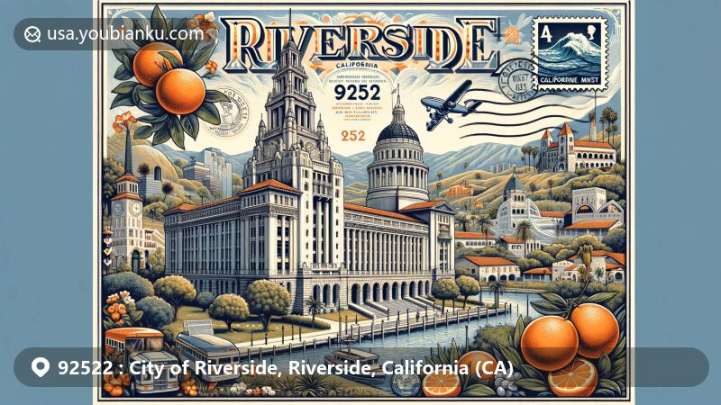 Modern illustration of Riverside, California, postal code 92522, featuring iconic landmarks like Parent Navel Orange Tree, Riverside County Courthouse, Mission Inn, and Riverside Art Museum.