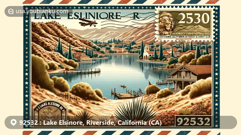 Modern illustration of Lake Elsinore, California, showcasing ZIP code 92532, featuring Lake Elsinore, Machado Adobe House, Southern California Athletic and Country Club, Lake Elsinore Hills District, deodar trees, and desert flora.