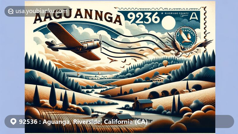 Modern illustration of Aguanga, Riverside County, California, showcasing the natural beauty of rolling hills, open spaces, and forests, complemented by a stylized postal theme featuring vintage air mail envelope with Aguanga symbol and ZIP code 92536.