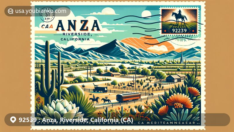 Modern illustration of Anza area in Riverside County, California (ZIP code 92539), showcasing high desert geography, historic Anza Trail, and elements representing past and present of the region. The design features a creative postcard style, highlighting the '92539' postal code and serene rural atmosphere with stunning San Jacinto and Santa Rosa mountain views.