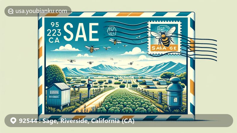 Contemporary artwork of Hemet, California, representing postal theme with ZIP code 92544, featuring Diamond Valley Lake and scenic landscapes.