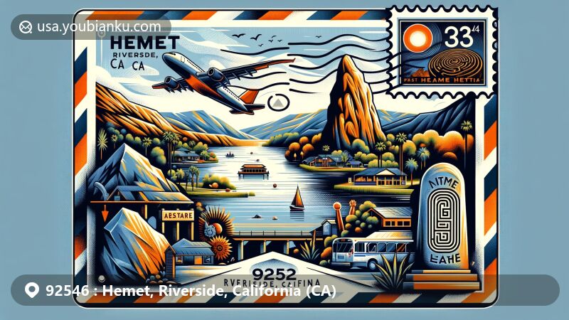 Modern illustration of Hemet, Riverside, California, featuring a stylized airmail envelope with ZIP code 92546, showcasing Lake Hemet, Hemet Maze Stone, and postal elements.