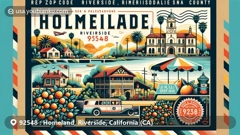 Modern illustration of Homeland, Riverside County, California, showcasing postal theme with ZIP code 92548, featuring Mission Inn, California orange groves, and vintage postal elements.