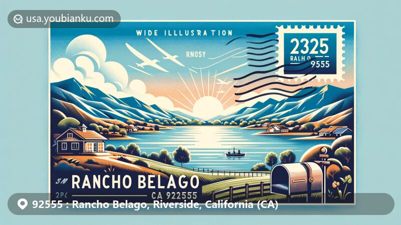 Modern illustration of Rancho Belago, Riverside County, California, showcasing tranquil suburban life near Lake Perris with natural and mountain views, featuring a postcard motif with postal stamp for ZIP code 92555.