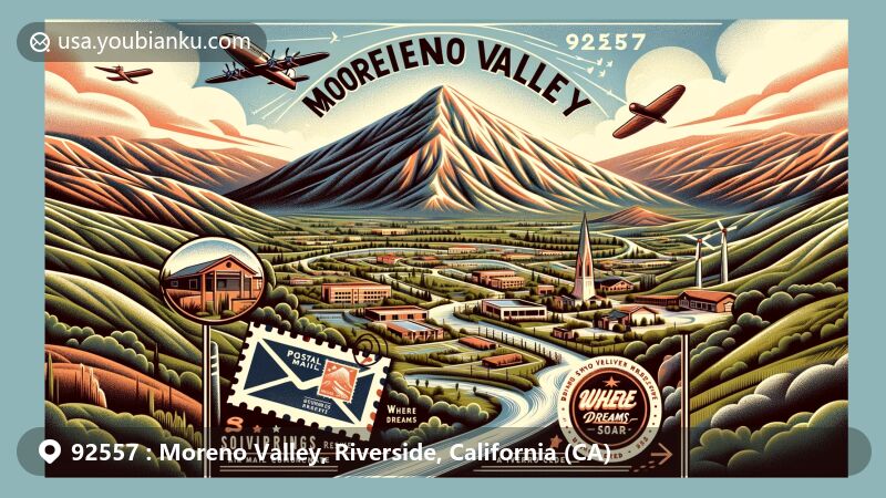Modern illustration of Box Springs Mountain Reserve in Moreno Valley, California, showcasing its scenic beauty and hiking trails with ZIP code 92557, incorporating a postal communication theme.