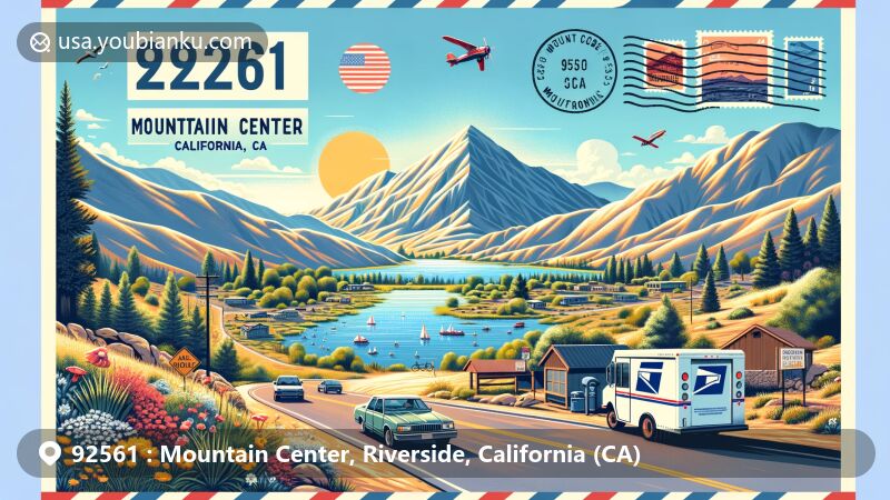 Modern illustration of Mountain Center, California in Riverside County, ZIP code 92561, showcasing serene landscape with views of surrounding mountains and desert, featuring activities like hiking, biking, and camping, highlighting Lake Hemet, and creative postal elements integrated subtly.